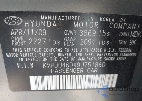 2009 Hyundai Elantra Gls z USA, uszkodzony, nr VIN KMHDU46DX9U751860